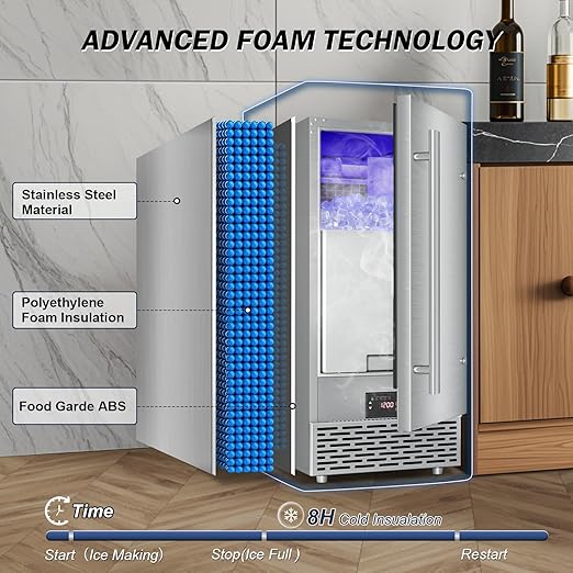 Commercial Under Counter Ice Maker Machine - 120 LBS/Day, Built in Installation, Auto-Clean,Reversible Door, Built 25LBS Ice Storage, Stainless Steel Ice Machine for Home & Business Outdoor Use