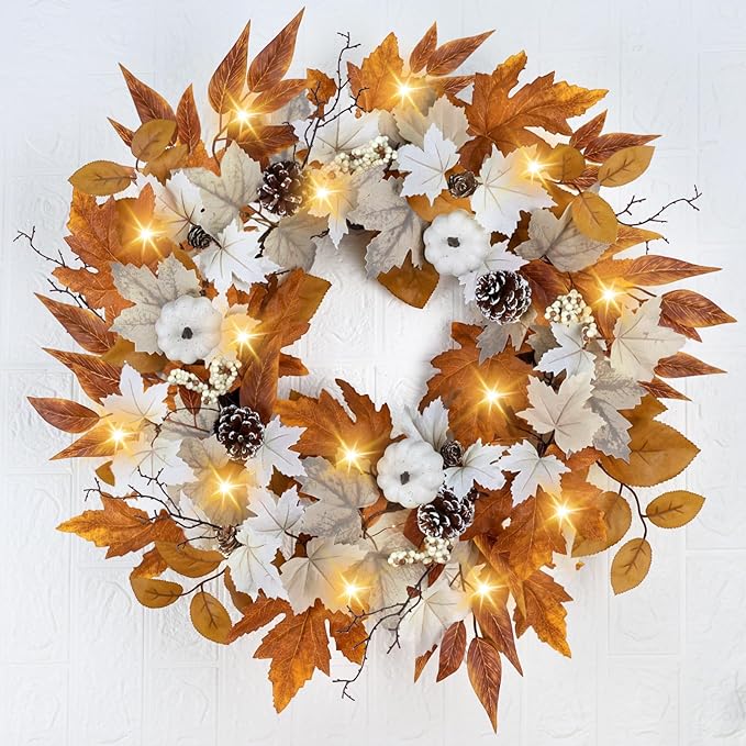 Fall Wreaths for Front Door Outside Autumn Wreath with Lights Berries Pine Cones Fall Decorations for Home Decor Pumpkin Wreath for Farmhouse Holiday Thanksgiving Harvest Halloween Outdoor