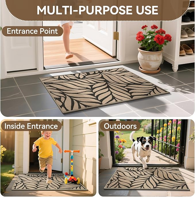Front Door Mat Indoor Outdoor Entrance, 17''x30'' All-Season Waterproof Welcome Mat, Heavy Duty Non-Slip Rubber Backing, Patio Porch Doormat, Low Profile, Trap Dirt and Moisture, Brown