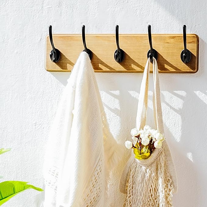 Dseap Coat Rack Wall: Patented, Heavy-Duty, 17.4" Long 5-Double-Hooks Wooden Wall Mounted Coat Rack Coat Hanger Hook Rail for Winter Coats Hat Jacket Clothing, Weathered Brown
