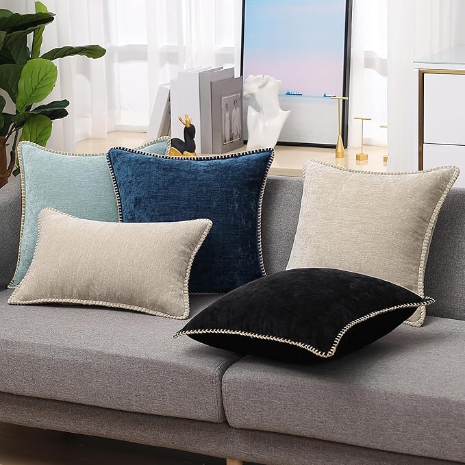 decorUhome Chenille Soft Throw Pillow Covers 22x22 Set of 2, Farmhouse Velvet Neutral Decorative Euro Pillow Covers with Stitched Edge for Couch Sofa Bed Home Decor, Black