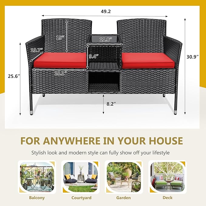 Flamaker Outdoor Furniture Patio Loveseat Wicker 2-Seat with Built-in Table and Cushions Rattan Porch Chairs Bench for Balcony, Lawn, Backyard (Red)