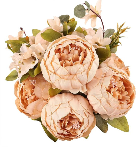 Duovlo Artificial Peony Silk Flowers Fake Flowers Vintage Wedding Home Decoration,Pack of 1 (Light Champagne)