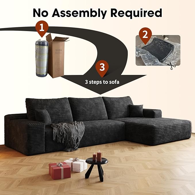 108" Sectional Couches for Living Room Modern Modular Sofa with L-Shape Couchs Upholstered Boneless Couch Deep Seat Sectional Couch with Chaise (Black, Right Facing Chaise+2Seaters)