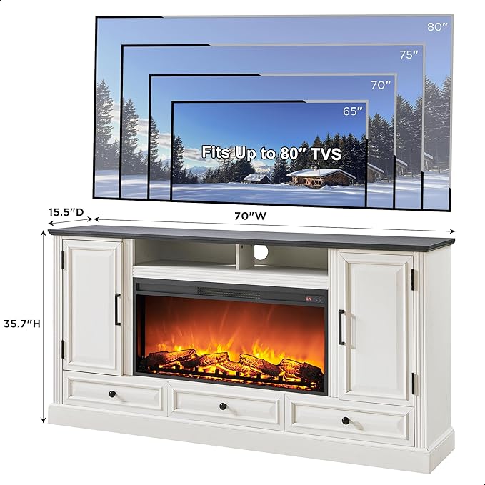Fireplace TV Stand for 80 Inch TV, 35.7" Tall Farmhouse Entertainment Center W/36'' Electric Fireplace, Media Console with Large Storage Cabinets and Drawers for Living Room, Antique White