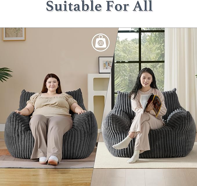 Giant Plush Bean Bag Chair for Adults with Armrests - Oversized Comfy Grey Beanbag Lounge Lazy Floor Sofa Accent Chair for Living Room, Bedroom & Dorm, Cozy Fluffy Single Cloud Mini Couch