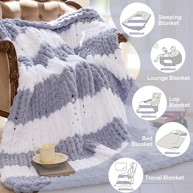 Chunky Knit Blanket - Luxury Soft Cozy 50 * 60 Throw Blanket,100% Woven Blanket Rope Knot Throw Blanket for Couch, Sofa, Home Decor, Gift - Machine Washable（White/Light Gray）