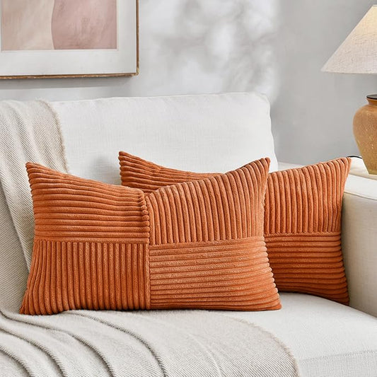 Fancy Homi 2 Packs Orange Long Lumbar Decorative Throw Pillow Covers 12x24 Inch for Couch Bed Sofa, Rustic Farmhouse Boho Home Decor, Soft Striped Corduroy Rectangle Accent Cushion Case 30x60 cm