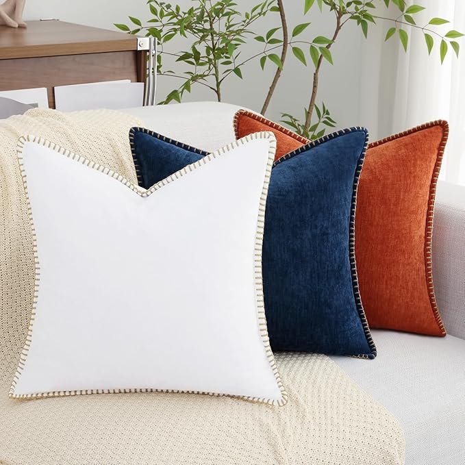 decorUhome Chenille Soft Throw Pillow Covers 16x16 Set of 2, Farmhouse Velvet Neutral Decorative Euro Pillow Covers with Stitched Edge for Couch Sofa Bed Home Decor, Poseidon