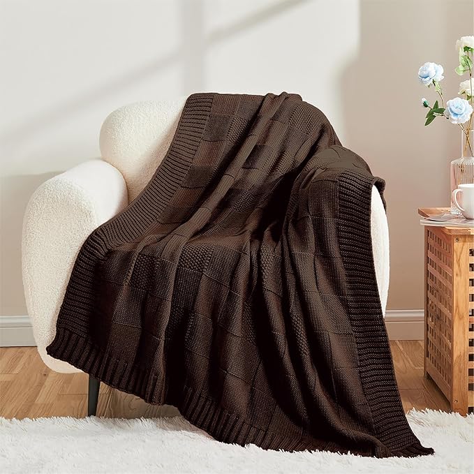CozeCube Check Knit Throw Blanket, Dark Brown Checkered Throw for Couch, Decorative Christmas Soft Cozy Warm Knitted Blanket for Bed Sofa Living Room, 60"X80"