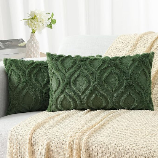 decorUhome Throw Pillow Covers 12x20 Inch Set of 2, Soft Plush Decorative Faux Fur Forest Elf Solid Couch Pillow Covers, Accent Farmhouse Neutral Lumbar Euro Pillow Cases for Sofa Bed Living Room