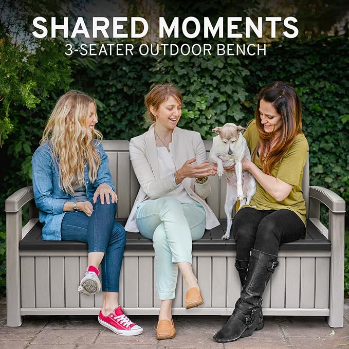 EconoHome 3 Seat Outdoor Storage Bench with Rain Cover - 90 Gallon Capacity - Weatherproof Resin Bench for Patio, Porch, Garden, Yard, Pool Area - Furniture for Pool Accessories, Gardening Tools