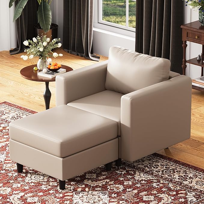 Faux Leather Single Sofa with Storage Ottoman, Modern Accent Chair Deep Seat Large Reading Armchair, Chaise Lounge Chair for Living Room Bedroom Office Whitesand