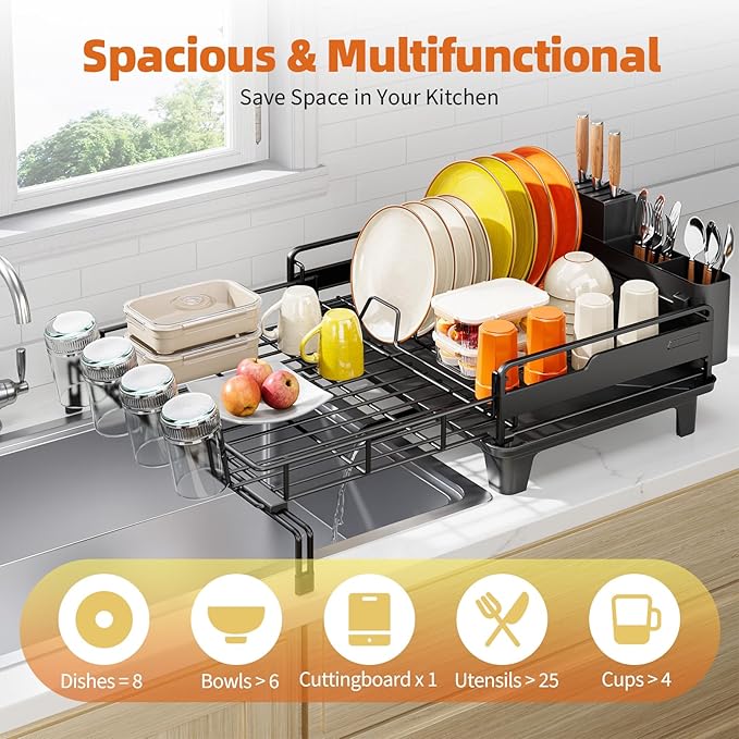 Extendable Dish Drying Rack, Multifunction Dish Rack for Kitchen Counter, Expandable Dish Drainer Over Sink, Large Dish Strainer with Cups Holder, 1 Tier Black