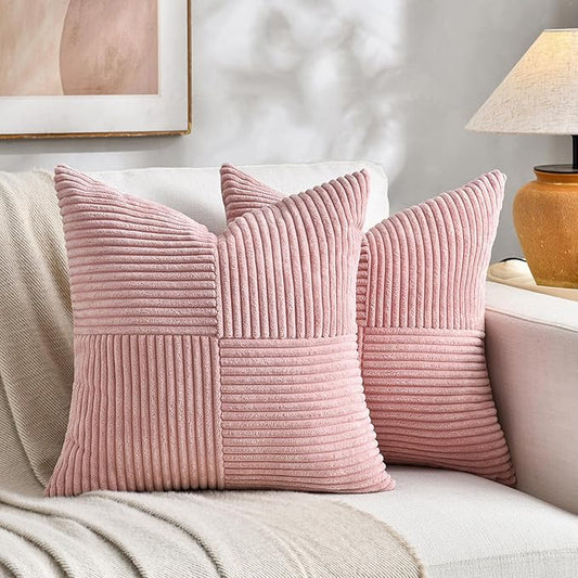 Fancy Homi 2 Packs Blush Pink Decorative Throw Pillow Covers 18x18 Inch for Living Room Couch Bed, Rustic Farmhouse Boho Home Decor, Soft Corss Corduroy Patchwork Textured Square Cushion Case 45x45 cm
