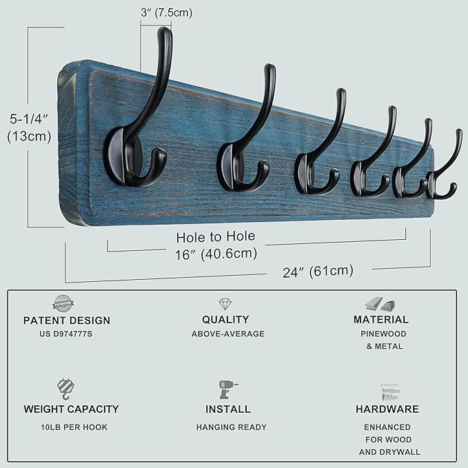 Dseap Coat Rack Wall: 24" Long, Patented, Heavy-Duty, 6-Double-Hooks Wooden Wall Mounted Coat Rack Coat Hanger Hook Rail for Winter Coats Hat Jacket Clothing, Weathered Blue, Pack of 2