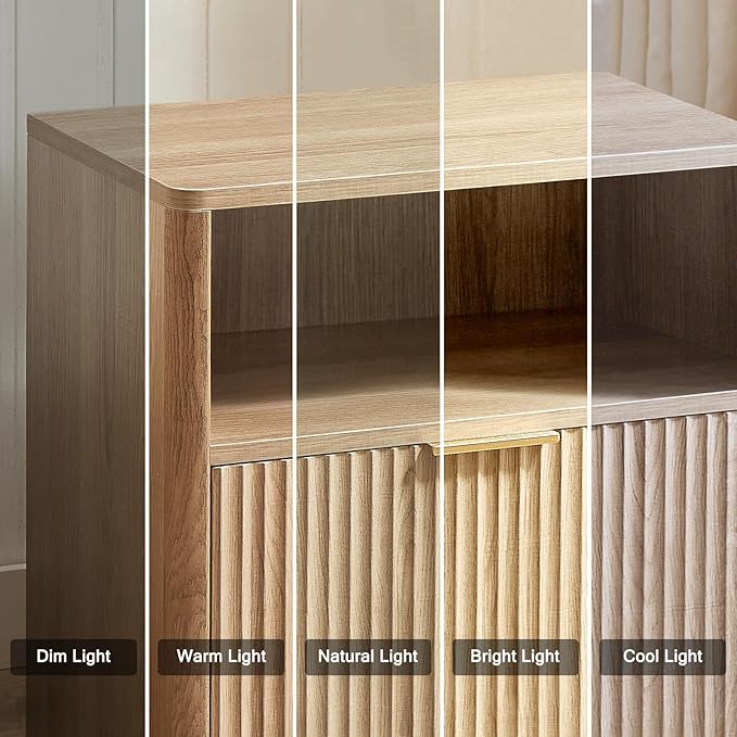 Fluted Nightstand Set of 2, Natural Oak Bedside Table with Drawer and Storage, Wood End Table Mid Century Modern, Large Night Stand for Bedroom