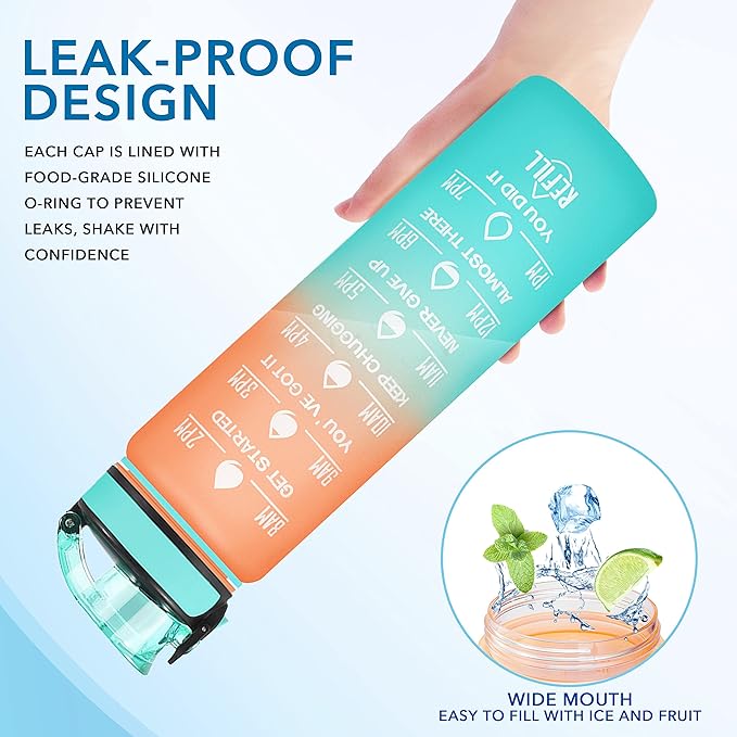 Enerbone Water Bottle, Leakproof BPA & Toxic Free, Motivational Water Bottle with Times to Drink and Straw, Fitness Sports Water Bottle with Strap for Office, Gym, Outdoor Sports