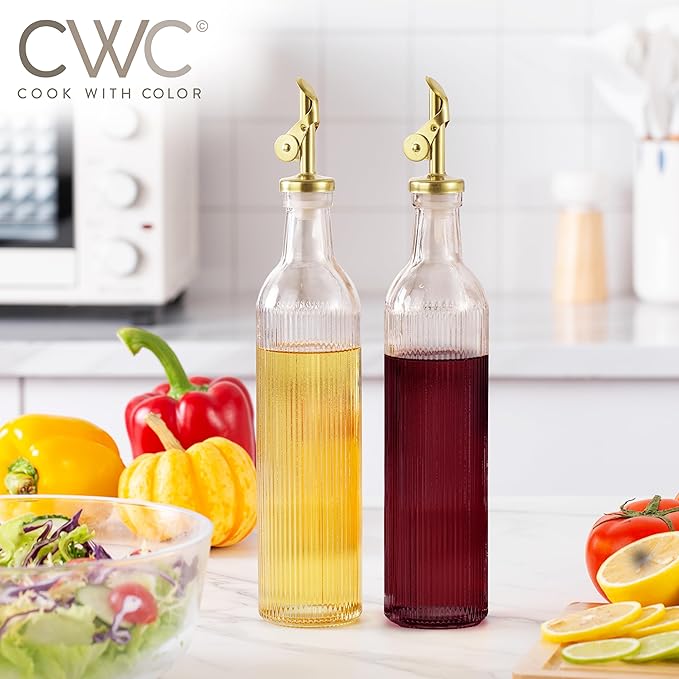 COOK WITH COLOR Glass Olive Oil Bottle Dispenser - 2 Pack- 17oz Oil and Vinegar Cruet - Olive Oil Carafe Decanter for Kitchen