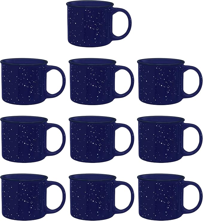 DISCOUNT PROMOS Ceramic Campfire Coffee Mugs 13 oz. Set of 10, Bulk Pack - Perfect for Tea, Espresso, Cappuccino, Hot Cocoa - Blue