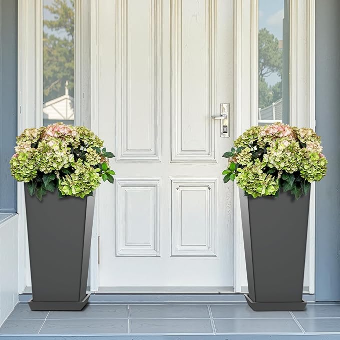 FENCY Set of 2 Tall Planters for Outdoor Plants, 24 Inch Large Tapered Pots with Drainage Trays, Weather-Resistant Plastic Plant Containers for Patio, Porch, Garden, Front Door Decor,Gray