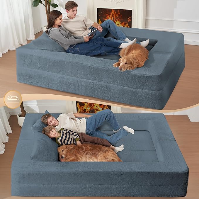 Folding Bean Bag Chair for Adults,3-in-1 Bean Bag Couch Faux Fur Floor Sofa Large Beanbag Convertible Bean Bag Sofa Bed with Pillow in Bedroom,Living Room,Apartment(Queen,Gray)