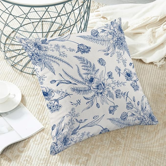 CXMEIFLY Spring Floral Leaves Pillow Covers 22 x 22 Inch Set of 2 for Chinoiserie Flowers Decor Throw Pillows Blue and White Seasonal Plant Outdoor Decorative Cushion Cases for Couch Bed Decorations