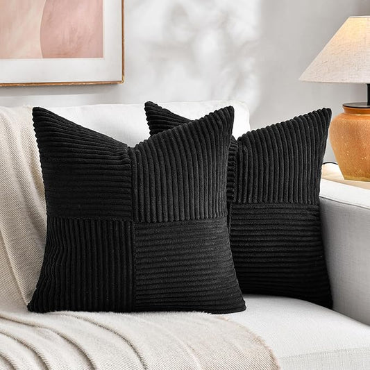 Fancy Homi 2 Packs Black Decorative Throw Pillow Covers 18x18 Inch for Living Room Couch Bed Sofa, Rustic Farmhouse Boho Home Decor, Soft Corss Corduroy Patchwork Textured Square Cushion Case 45x45 cm