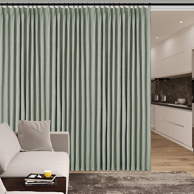 Extra Wide 100% Blackout Linen Textured Curtains - Room Dividers, W200 x L84 (1 Panel), Pinch Pleat Drapes for Living Room, Full Light Block Out Drapery for Sliding Door, Fog Green