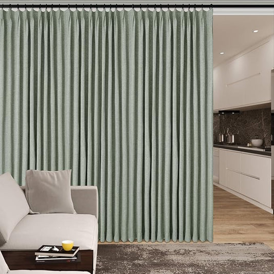 Full Blackout Privacy Curtains, 240 Inch Extra Wide Linen Blend Drapes, Pinch Pleat Window Drapery for Room Divider Storage/Space Room Separation, 1 Panel, W 240" x L 102", Fog Green