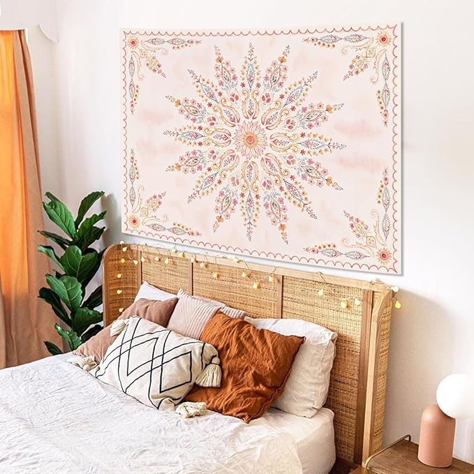 Fowocu Boho Floral Mandala Tapestry for Bedroom Aesthetic Pink Bohemian Flower Wall Tapestry Watercolor Hippie Indian Small Tapestries Wall Hanging for Living Room Dorm Decor 40 x 30 Inch