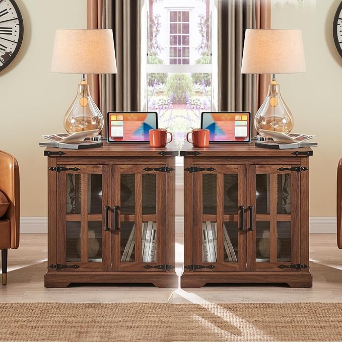 Farmhouse End Table with Charging Station,24" Large Side Table with Glass Barn Door, Rustic Wood Nightstand Bedside Table with Adjustable Storage Shelf for Living Room, Bedroom,Walnut,2 pack