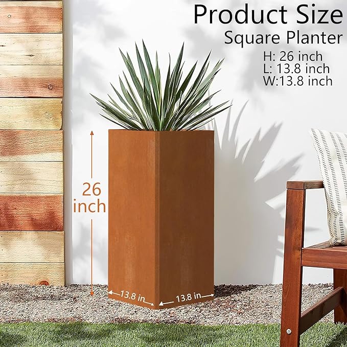 Cor Ten Steel Planter 26 Inch Tall Planter with Drainage Holes, Rust-Resistant/Heavy-Duty Metal Planter Box for Garden, Patio, Porch & Yard (14x14x26in)