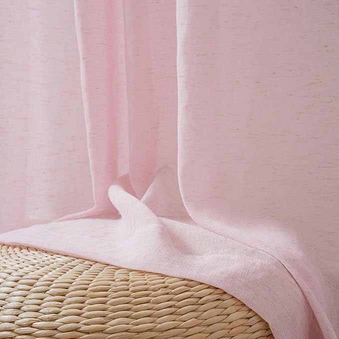 FMFUNCTEX Linen Sheer Curtains for Bedroom, Pink Curtains 63 Inch Length for Living Room, Blush Pink Farmhouse French Flax Blend Window Draperies, Rod Pocket 2 Panels Set