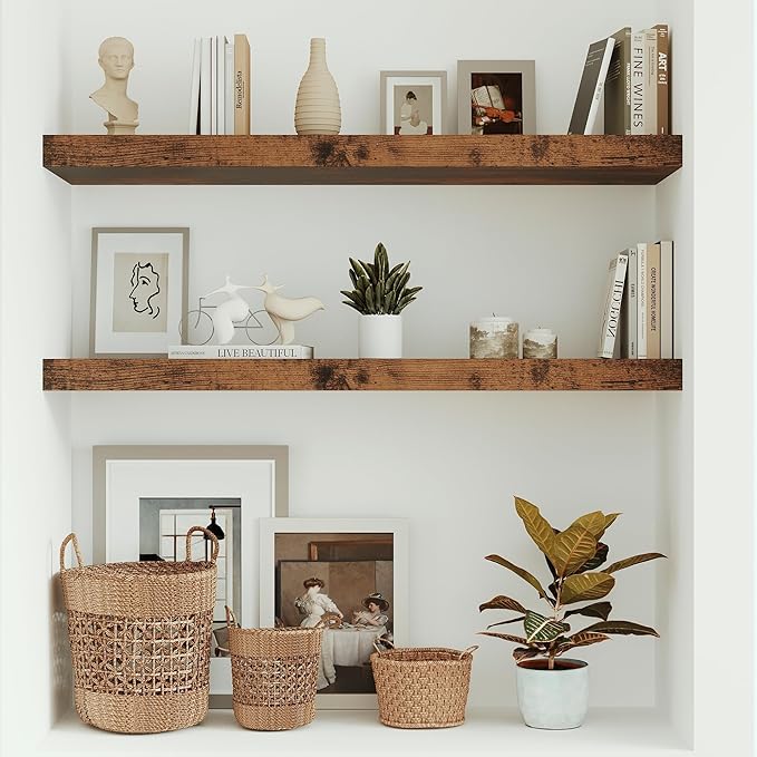 Floating Shelves 10 inches Deep, Long 36 x 10 x 1.8 Wall Shelves for Bedroom, Living Room, Kitchen, Office, Bathroom Farmhouse Shelf Home Decor with Invisible Bracket, Rustic Brown