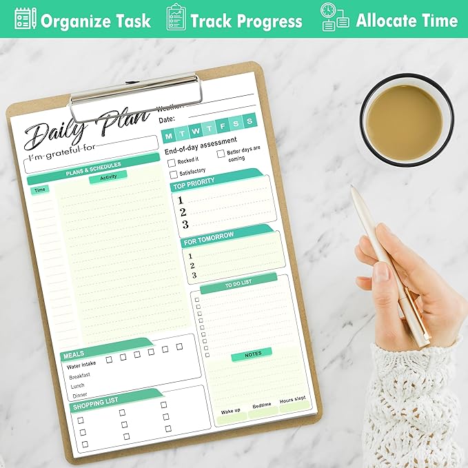 Daily Plan Notepad, 52 Sheets 8.5" X 11.5" Daily for To-Do Lists, Habit Tracking, Academic Scheduling, and Productivity Goals - Perfect for Work, Home, and Office Organization - Turquoise Style
