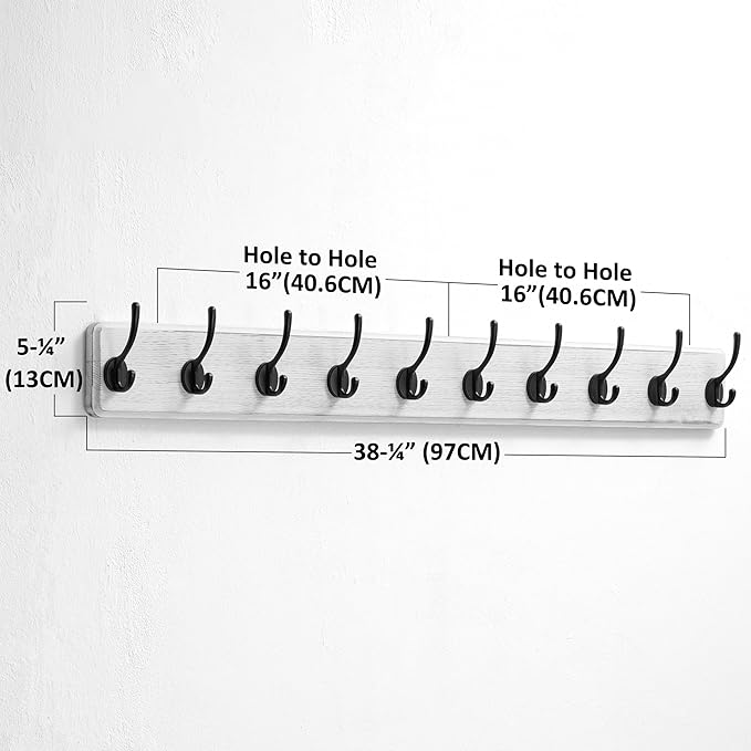 Dseap Wall Mounted Coat Rack: 38-1/4" Long, Patented, Heavy-Duty, 10-Double-Hooks Wooden Hanger Rail for Winter Coats, Hat, Jacket, Clothing - White & Black, Pack of 2