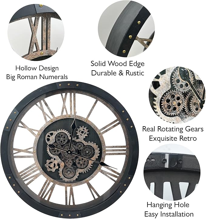 DORBOKER 24" Large Wall Clock with Moving Gears,Oversize Vintage Industrial Rustic Farmhouse Clocks for Living Room Decor Office Home,Solid Wood HD Tempered Glass Cover,Vintage Black
