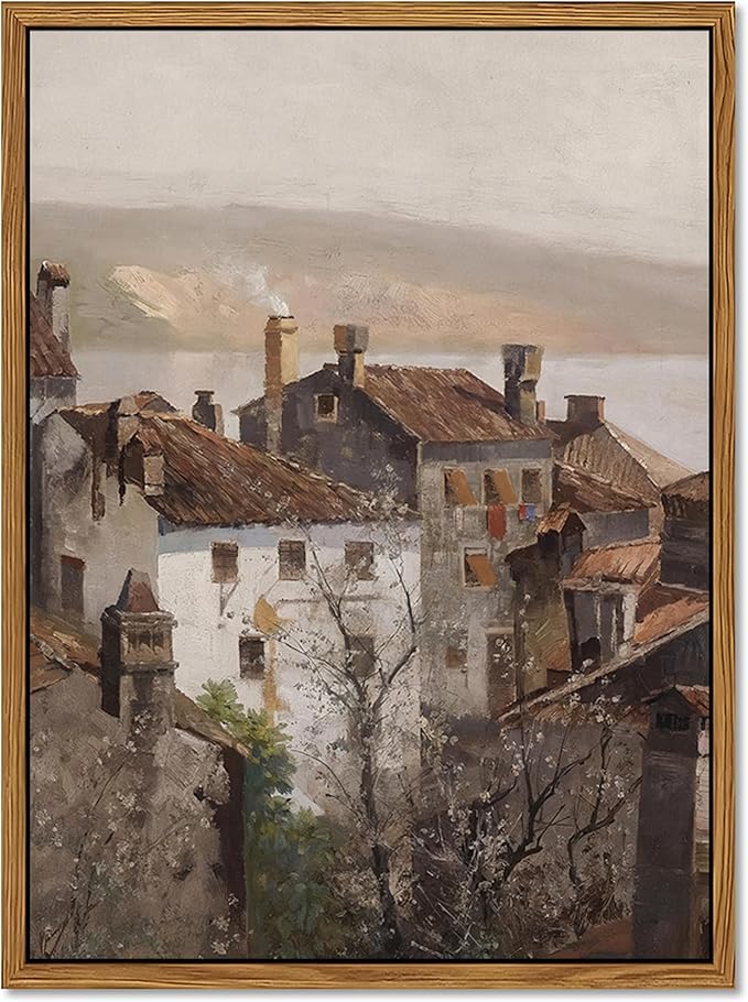 Floating Framed Vintage Canvas Wall Art, European Country Towns Wall Decor Oil Paintings Artwork, Rustic Farmhouse Posters Prints Pictures for Living Room Hallway Bedroom 16x24 inch