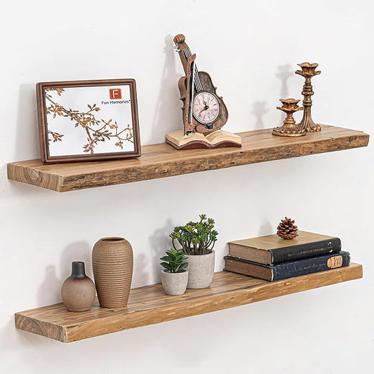 Floating Shelves for Wall, 36" Live Edge Solid Elm Wood Floating Shelf, Wall-Mounted Display Shelves with Invisible Heavy-Duty Metal Bracket, Floating Shelf for Kitchen (Natural, Set of 2)