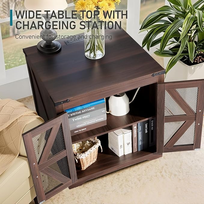 Farmhouse End Table, 24" Large Sofa Side Table with Charging Station, Mesh Barn Door, Rustic Wood Nightstand with Adjustable Storage Shelf, Square Nightstand for Living Room