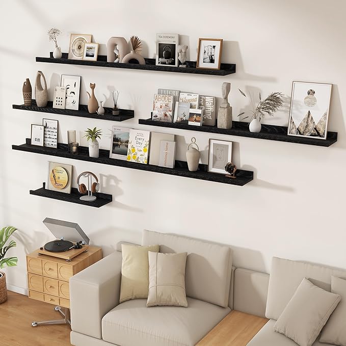 Floating Picture Ledge Shelves 48 Inch Solid Oak Wood Set of 2, Rustic Wall Storage Shelves with Lip, Kids Bookshelf, Photo & Picture Ledge Shelves for Bedroom, Living Room, Kitchen