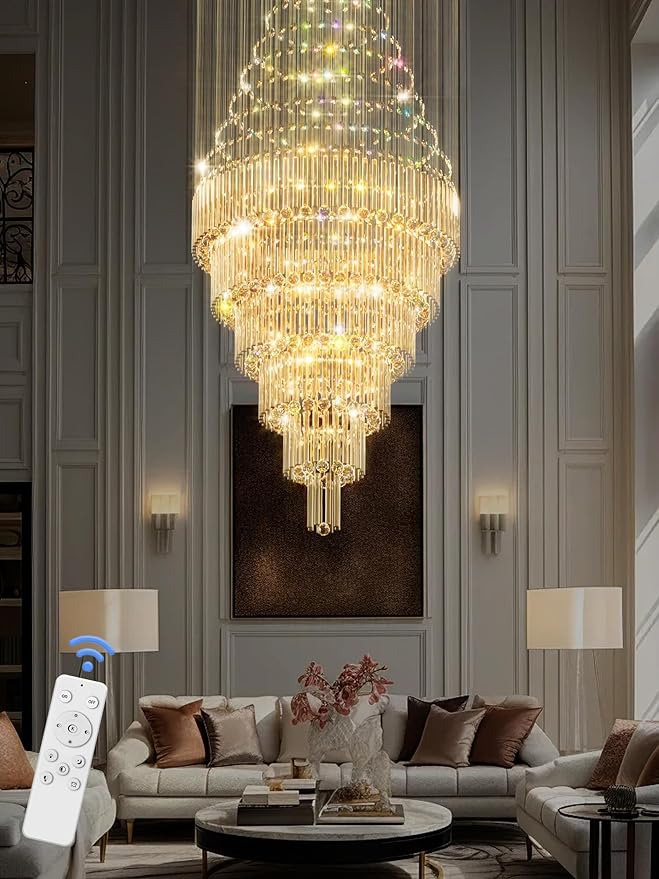 Flashing God D48''X H120''High Ceiling Chandelier Crystal Raindrop Gold Chandeliers Large Villa Chandelier Entrance Foyer Hight Ceiling Lighting LED Dimmable 2700K-4500K-6000K 24 LED Bulbs Include