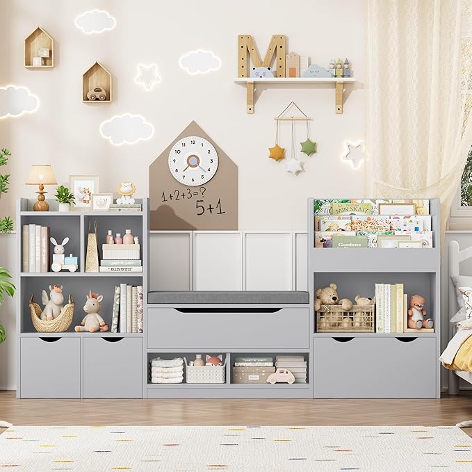 FOTOSOK 72” Kids Bookshelf with Reading Nook, Large Toy Storage Organizer with Seat Cushion and 3 Movable Drawers, Kids Reading Nook Toy Organizers and Storage with Bench for Living Room, Grey