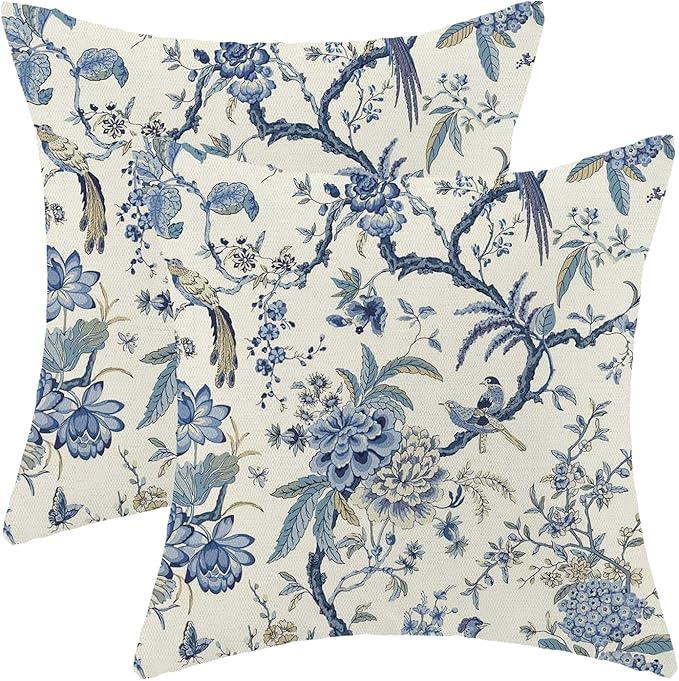 CXMEIFLY Spring Floral Birds Pillow Covers 18 x 18 Inch Set of 2 for Chinoiserie Flowers Decor Throw Pillows Blue and White Plant Outdoor Decorative Cushion Cases for Couch Bed Decorations
