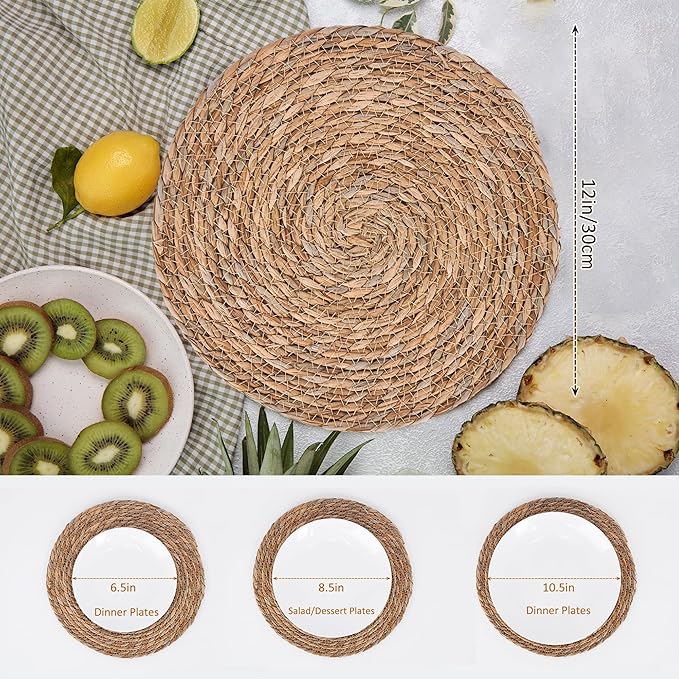 Defined Deco Woven Placemats Set of 10,12" Round Rattan Placemats,Natural Hand-Woven Water Hyacinth Placemats,Farmhouse Weave Place Mats,Rustic Braided Wicker Table Mats for Dining Table,Home,Wedding.