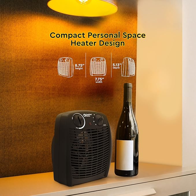 Comfort Zone Indoor Space Heater with Adjustable Thermostat, Fan Forced, Electric, Overheat Protection, Safety Tip-Over Switch, Energy Efficient, Ideal for Home, Bedroom, & Office, 1,500W, CZ45EBK