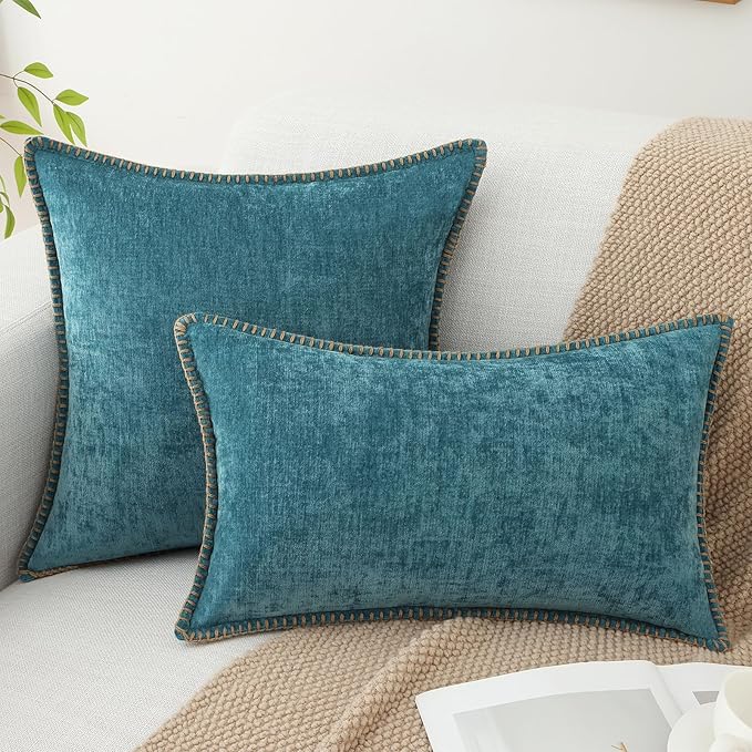 decorUhome Chenille Soft Throw Pillow Covers 18x18 Set of 2, Farmhouse Velvet Neutral Decorative Euro Pillow Covers with Stitched Edge for Couch Sofa Bed Home Decor, Teal