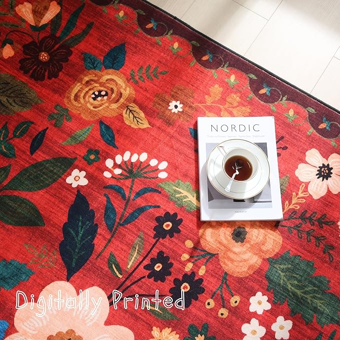 Door Mat Indoor Entrance 2x3 Rug Machine Washable Boho Floral Small Area Rug Non-Slip Low Pile Throw Rugs for Entryway, Kitchen, Front Door Indoor Entrance, Entry, Kids Room (Red)