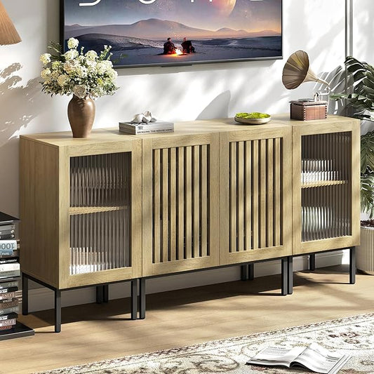 Farmhouse TV Stand for TVs up to 70 Inch, Entertainment Center TV Console with Storage Cabinets and Glass Doors,Media Console for Living Room,Oak